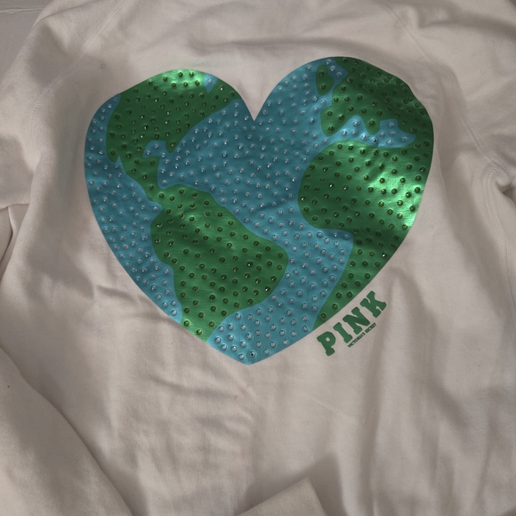 PINK Victoria's Secret White Sweatshirt with Green and Blue Heart - Picture 1 of 3